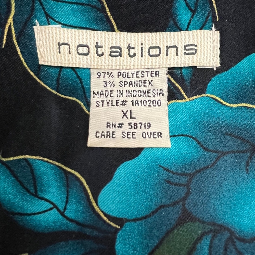 Notations Teal Floral Button Front Blouse Top XL Stretch Long Sleeve Vintage 90s - Picture 2 of 8
